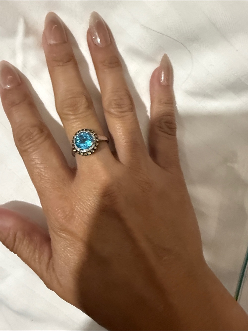 10k white gold Blue Topaz Halo Crystal Ring - Women Jewelry
